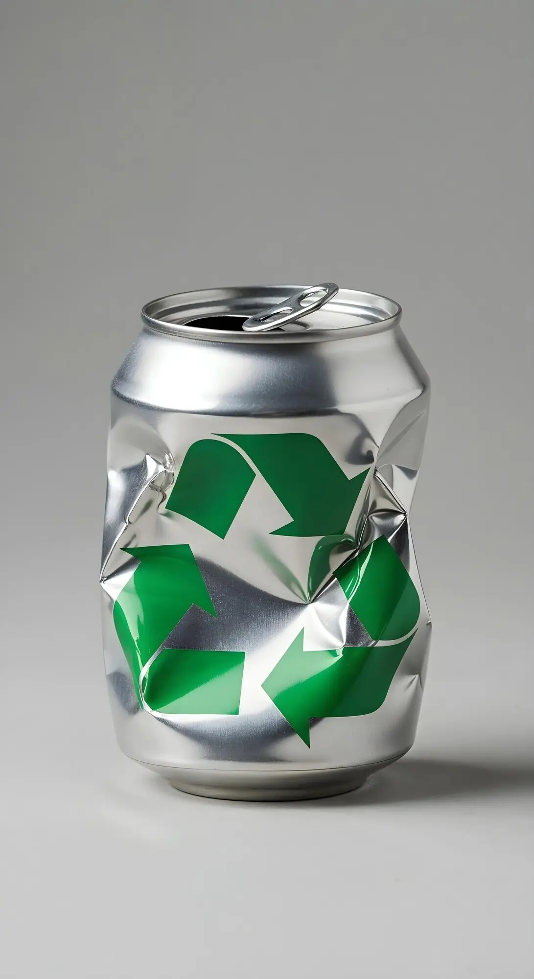 Zerdrückte Aluminiumdose mit Recycling-Symbol