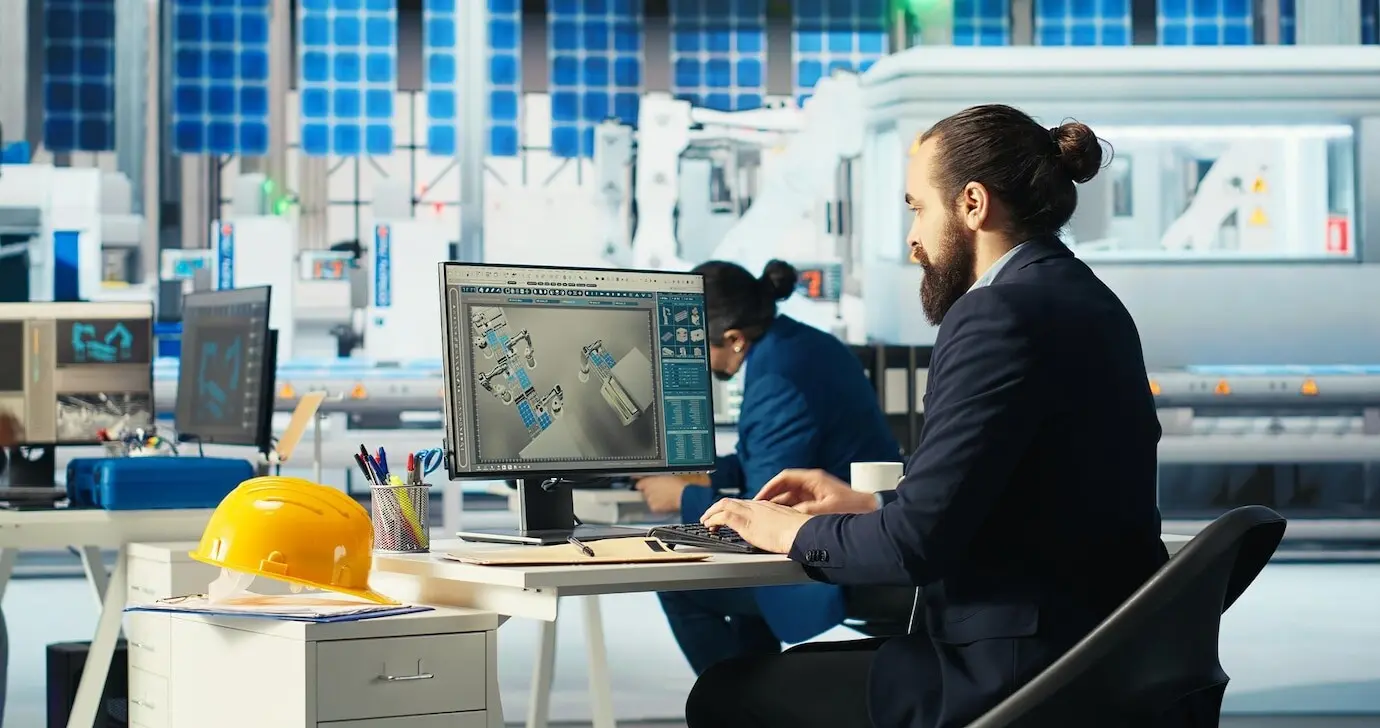 Ein Manager einer Photovoltaikfabrik kommt im Büro an und visualisiert Entwürfe am PC.