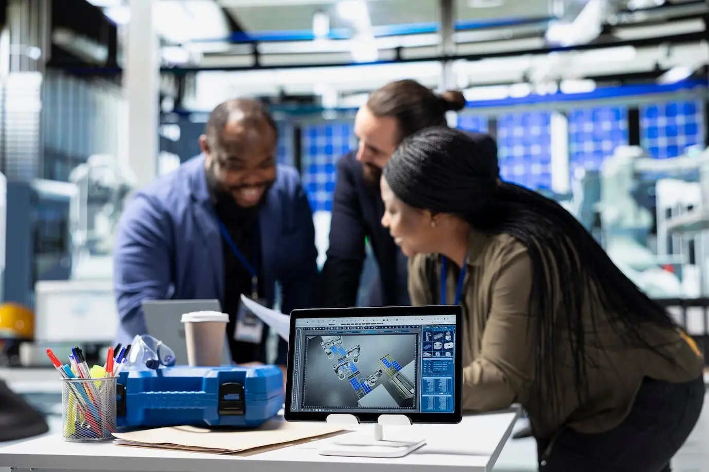 Geschäftspartner und Ingenieure unterschiedlicher ethnischer Herkunft treffen sich zu einer Besprechung.