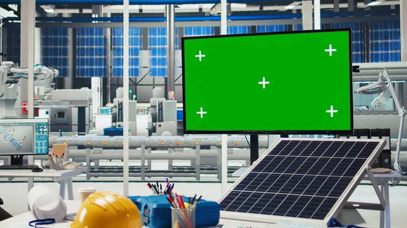 Separater Bildschirm in einer Produktionsanlage für Solarmodule, der für Alarme genutzt wird.