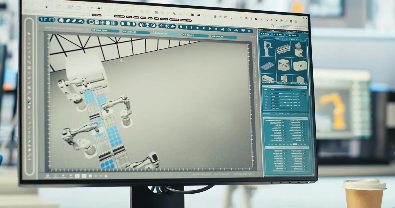 Nahaufnahme eines PCs auf einem Schreibtisch in einer leeren Photovoltaikfabrik, der die Systemleistung überwacht.